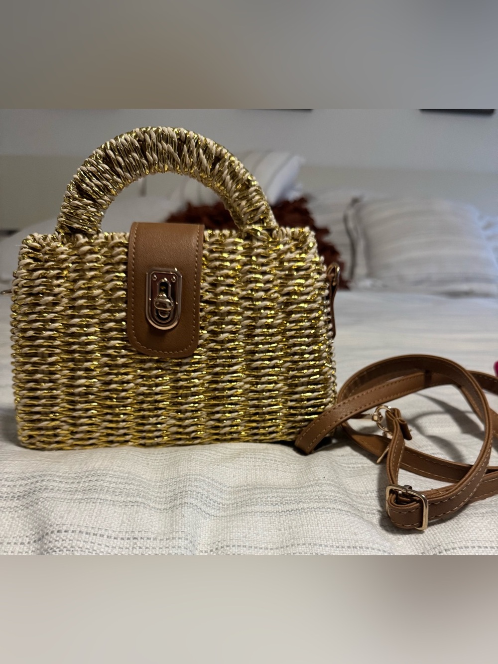 Woven Straw Crossbody Bag with Brown Leather Trim